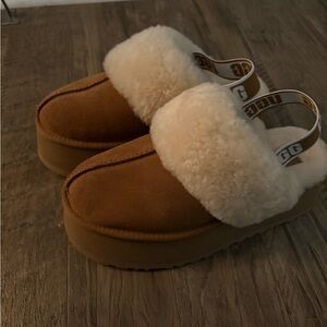 UGG Brown and Cream Fluffy Platform Slippers